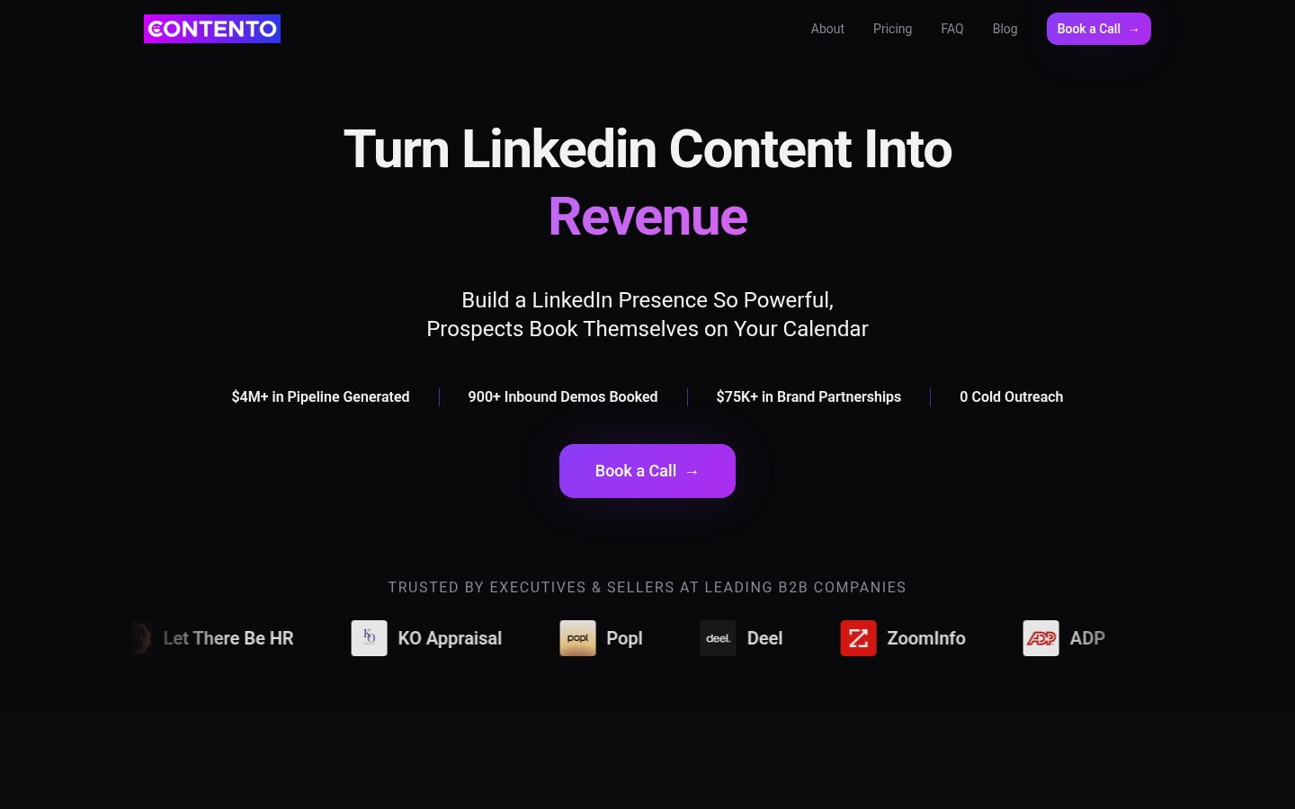 Screenshot of the Contento homepage, trycontento.com, headline Turn LinkedIn Content Into Revenue