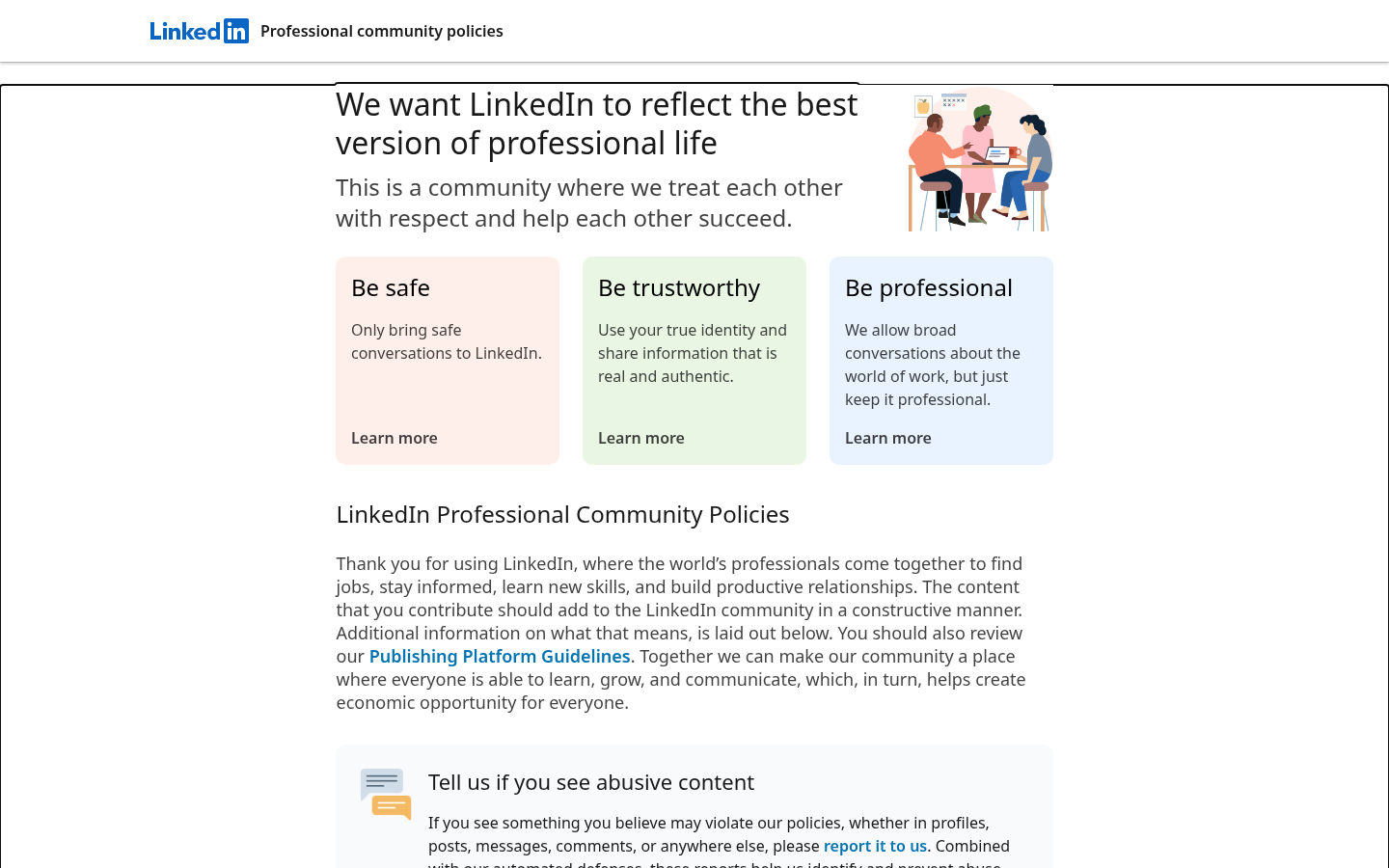 Screenshot of LinkedIn's Professional Community Policies page with the Be safe, Be trustworthy, Be professional principles